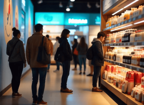 Impacto da IA generativa no mercado corporativo. Clientes em loja física visualizam produtos, enquanto a IA generativa oferece recomendações personalizadas em displays digitais.