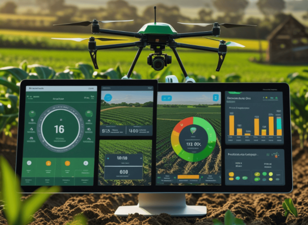 Tela de computador com dashboards agrícolas detalhados em uma plantação, acompanhada por drone agrícola sobrevoando a lavoura, representando a integração de tecnologias na agricultura com inteligência artificial.