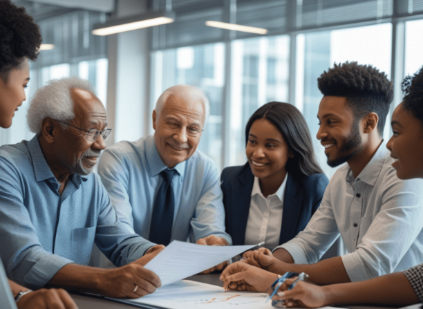 Equipe diversificada e multigeracional revisando documentos colaborativamente e sorrindo em um escritório moderno, mostrando as forças de cada geração