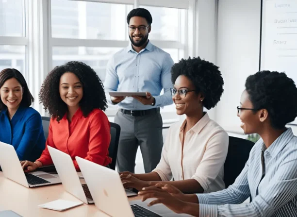 IA no mundo dos negócios.
Grupo diversificado de funcionários em treinamento prático sobre ética e governança em IA, com instrutor ao fundo.