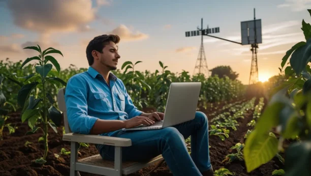 Jovem agricultor sentado com laptop em meio à plantação ao pôr do sol, simbolizando inovação, conectividade e sucesso no agronegócio brasileiro impulsionado por startups e IA.