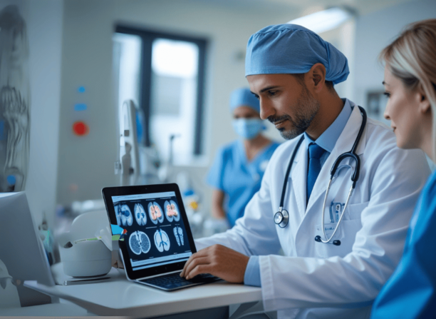 Médico analisando imagens médicas em um laptop com inteligência artificial, em um ambiente hospitalar moderno, ao lado de colegas da equipe de saúde