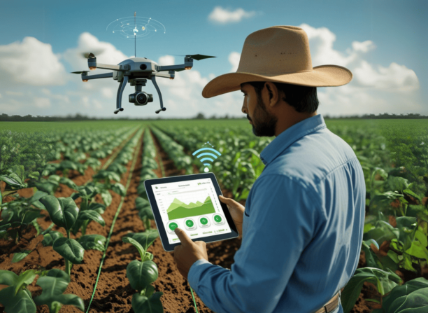 Agricultor em lavoura utilizando tablet com gráficos de produtividade enquanto drone sobrevoa a plantação, representando o uso de inteligência artificial na agricultura brasileira.