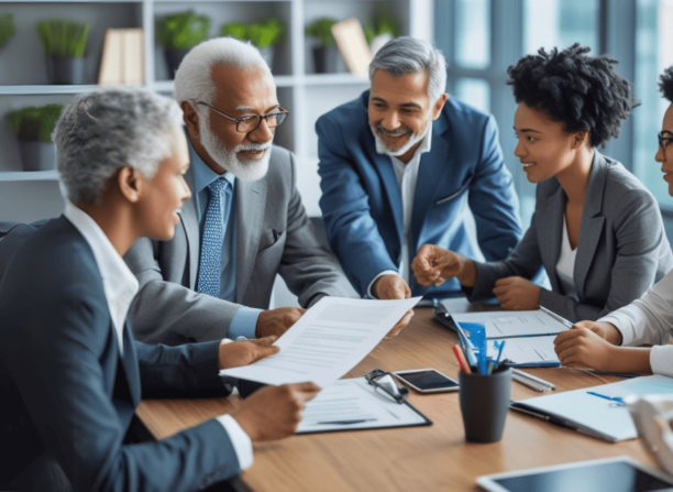 Equipe diversificada e multigeracional colabora em volta de uma mesa, integrando análise de dados orientada por IA