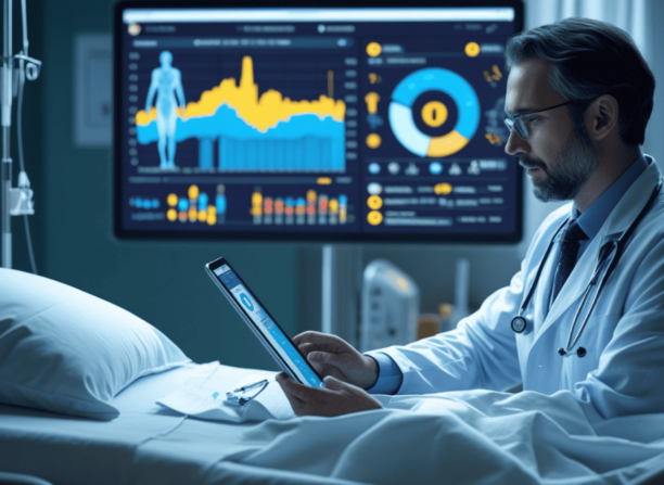 IA generativa na automação de Processos. Médico analisa dados de paciente em um tablet com o auxílio de gráficos e informações geradas por IA em um quarto de hospital.