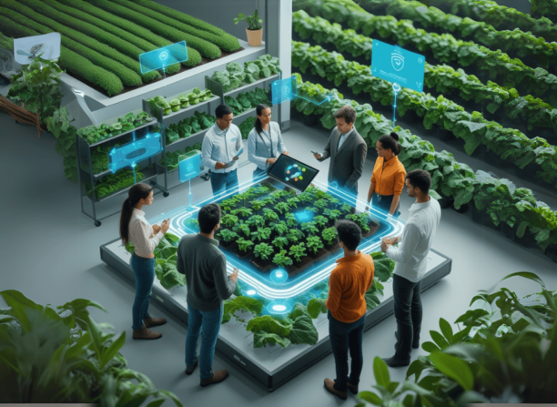 Grupo diverso de profissionais analisando uma plantação em ambiente tecnológico, com uso de sensores e painéis digitais, simbolizando o futuro da inteligência artificial na agricultura.