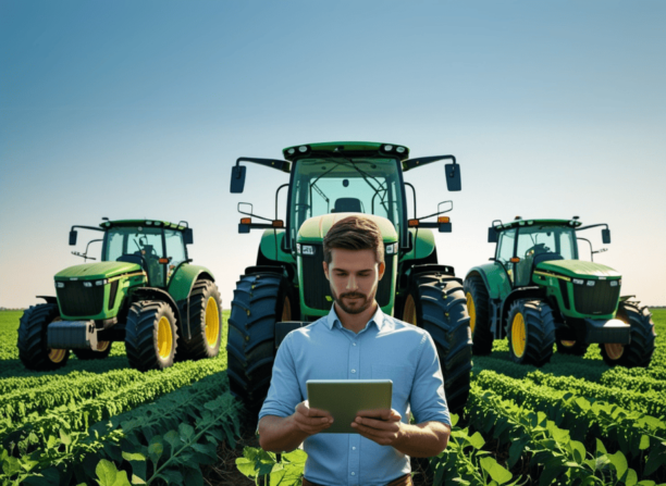 Profissional do agronegócio utilizando tablet em lavoura moderna com tratores autônomos ao fundo, representando o uso de tecnologia e inteligência artificial no campo.