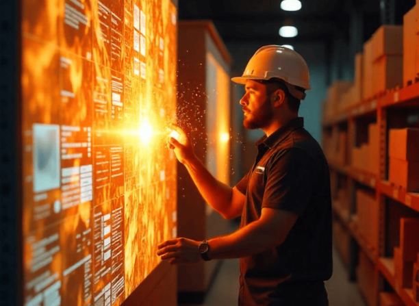 Operador em armazém interage com tela touch screen exibindo dados de logística otimizados por IA generativa.