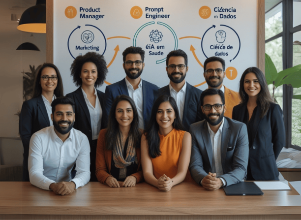 Grupo diverso de profissionais de áreas como marketing, saúde e dados reunidos em frente a um painel com caminhos de transição para a inteligência artificial.