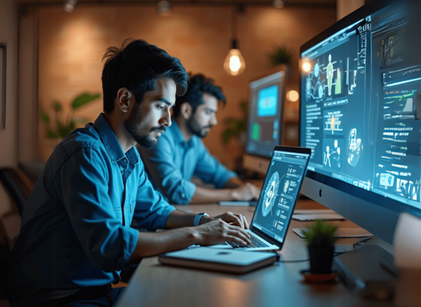 IA Generativa nos Negócios. Dois profissionais concentrados trabalhando em computadores com interfaces de inteligência artificial generativa em um ambiente moderno e criativo.