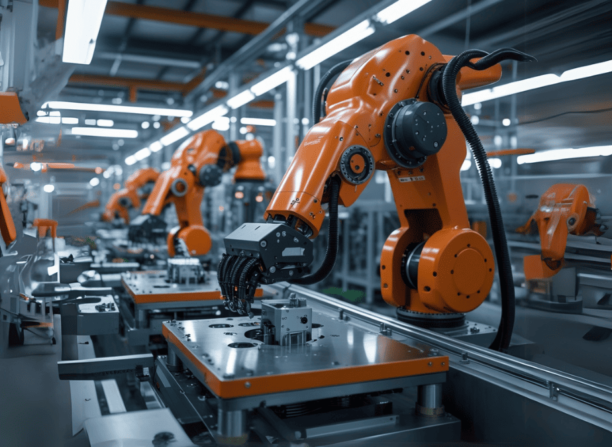 Robôs industriais laranja automatizando processos em uma linha de produção moderna, representando o uso de IA na indústria para aumentar a eficiência e segurança