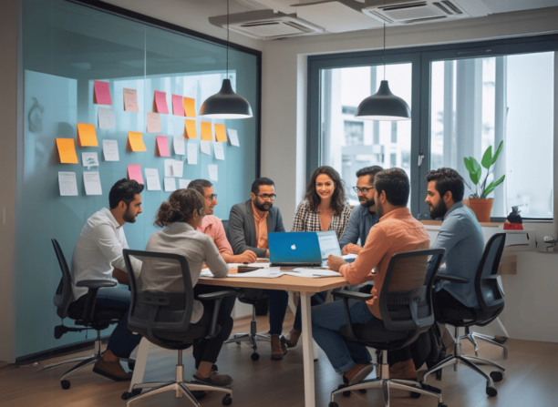 Um grupo de profissionais diversificados faz brainstorming em volta de uma mesa em um escritório moderno, com notas adesivas em uma parede de vidro, enfatizando o trabalho em equipe e a comunicação
