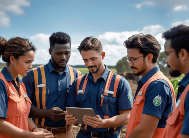 Equipe técnica agrícola reunida no campo, analisando informações em um tablet, representando a importância da colaboração e habilidades interpessoais no agronegócio digital.