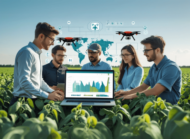 Equipe de profissionais agrícolas analisando gráficos em um laptop no meio da plantação, com ícones de IA, drones e mapas ao fundo, simbolizando o avanço das startups AgTech no Brasil.