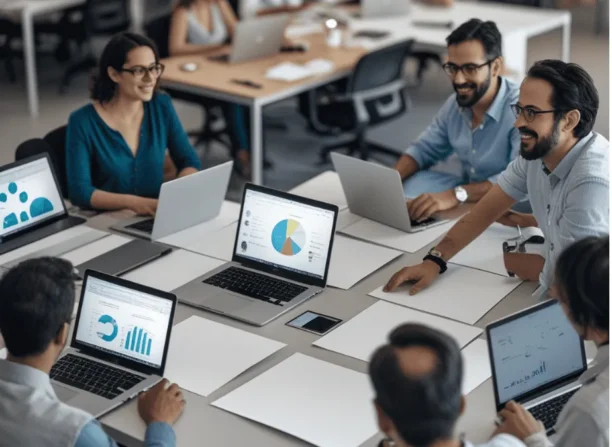 Profissionais reunidos em uma mesa de trabalho colaborativa, usando notebooks com dashboards e gráficos enquanto discutem estratégias de design com apoio de inteligência artificial.