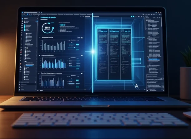 Interface de laptop com dashboards de desempenho, gráficos comparativos e visualização de modelos de IA em uma estrutura futurista