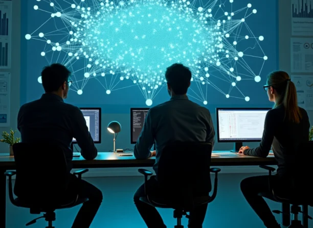 Três profissionais observam projeção com rede neural densa representando um modelo de linguagem de grande escala (LLM), enquanto analisam códigos em seus computadores