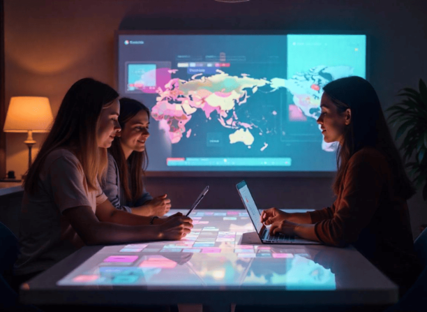 Equipe colaborando em sala de reunião moderna com telas interativas exibindo dados e mapas, ilustrando como **DesignOps e IA Generativa** apoiam a análise e o fluxo de trabalho humano na tomada de decisões estratégicas.